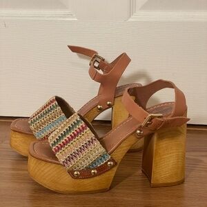 Colourful Pattern Wooden Block Heeled Sandal